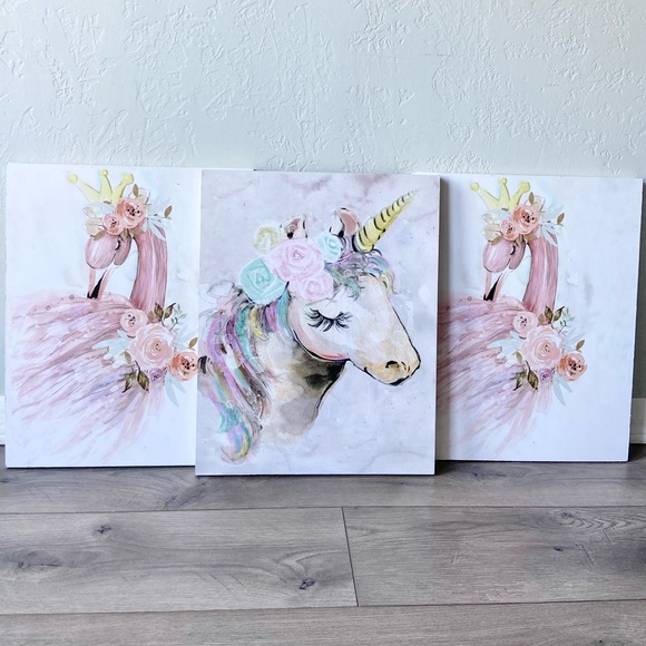 Other - Beautiful Unicorn & Flamingo Art Wall Hangings Set of 3